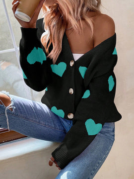 Essnce cardigan informal holgado monobotonadura de manga larga con caida en los hombros y estampado de corazon para mujer, otono/invierno