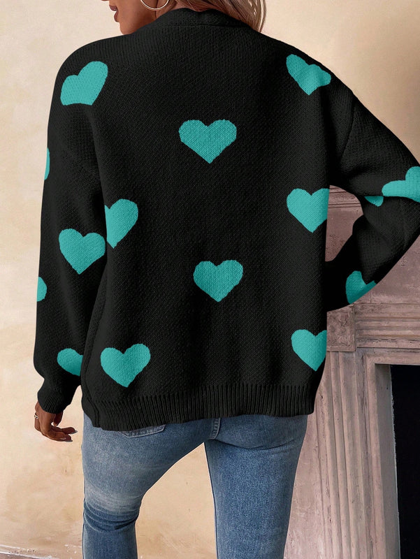 Essnce cardigan informal holgado monobotonadura de manga larga con caida en los hombros y estampado de corazon para mujer, otono/invierno