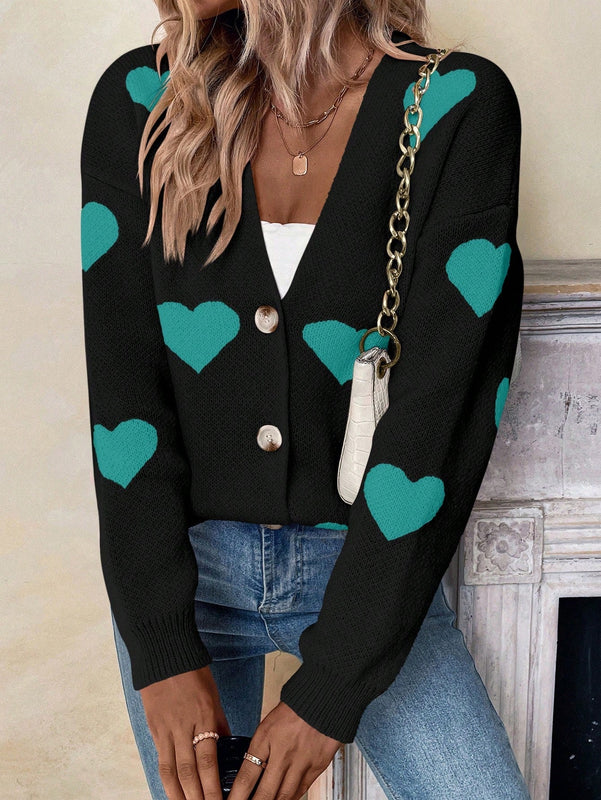 Essnce cardigan informal holgado monobotonadura de manga larga con caida en los hombros y estampado de corazon para mujer, otono/invierno