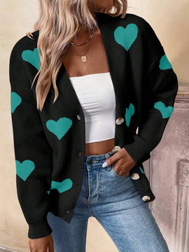Essnce cardigan informal holgado monobotonadura de manga larga con caida en los hombros y estampado de corazon para mujer, otono/invierno