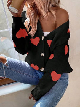 Essnce sueter de cardigan grueso y calido con patron de corazones verdes y blancos para mujer