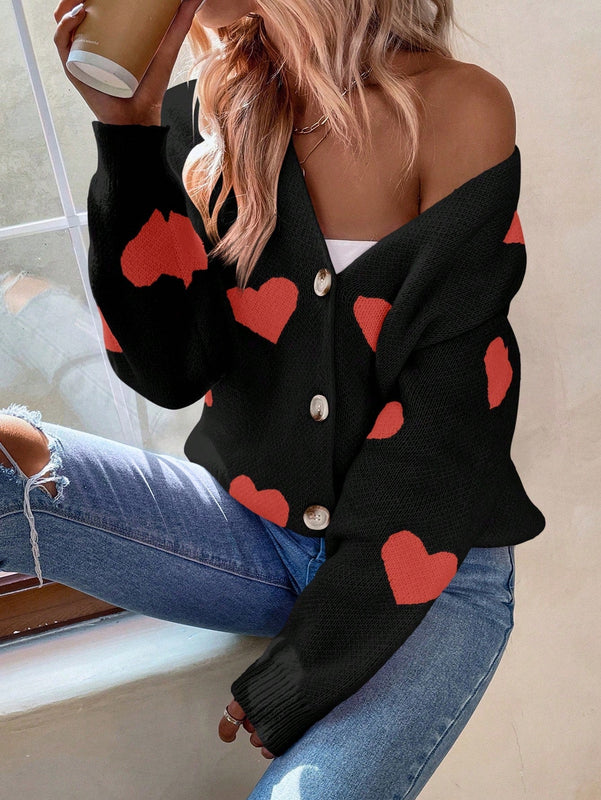 Essnce cardigan informal holgado monobotonadura de manga larga con caida en los hombros y estampado de corazon para mujer, otono/invierno