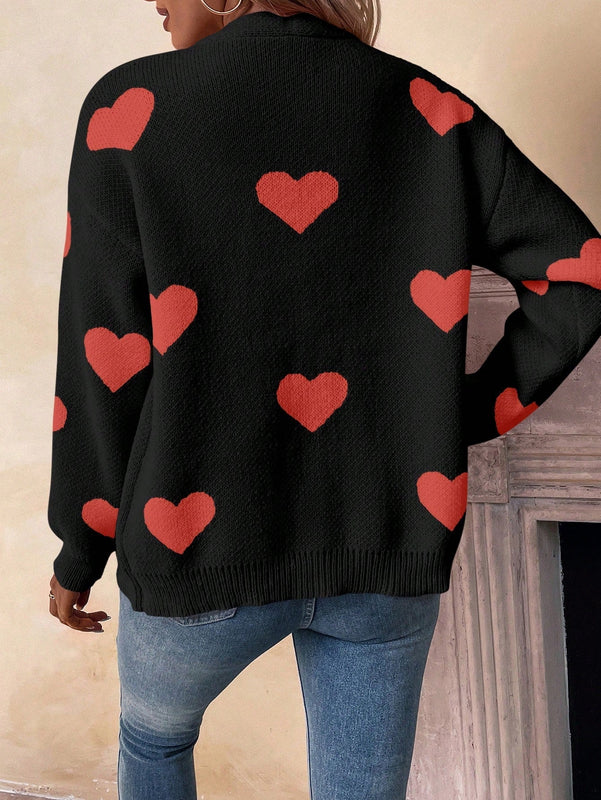 Essnce cardigan informal holgado monobotonadura de manga larga con caida en los hombros y estampado de corazon para mujer, otono/invierno
