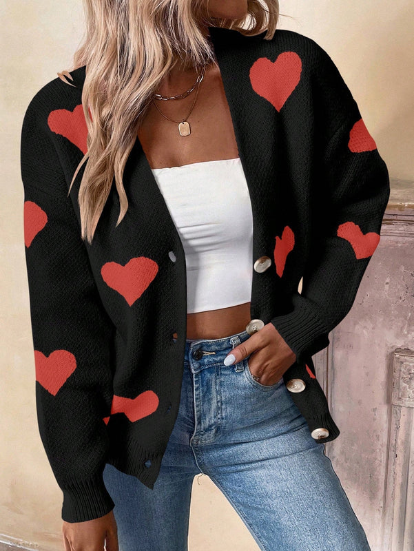 Essnce cardigan informal holgado monobotonadura de manga larga con caida en los hombros y estampado de corazon para mujer, otono/invierno