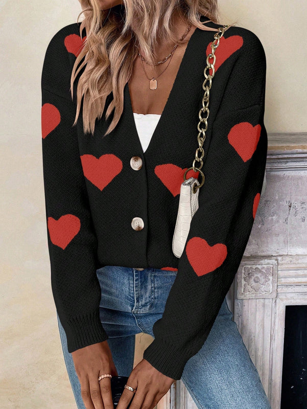 Essnce cardigan informal holgado monobotonadura de manga larga con caida en los hombros y estampado de corazon para mujer, otono/invierno