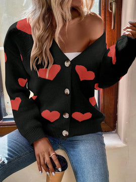 Essnce cardigan informal holgado monobotonadura de manga larga con caida en los hombros y estampado de corazon para mujer, otono/invierno