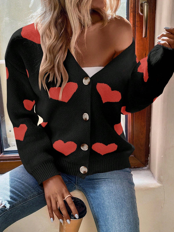 Essnce cardigan informal holgado monobotonadura de manga larga con caida en los hombros y estampado de corazon para mujer, otono/invierno