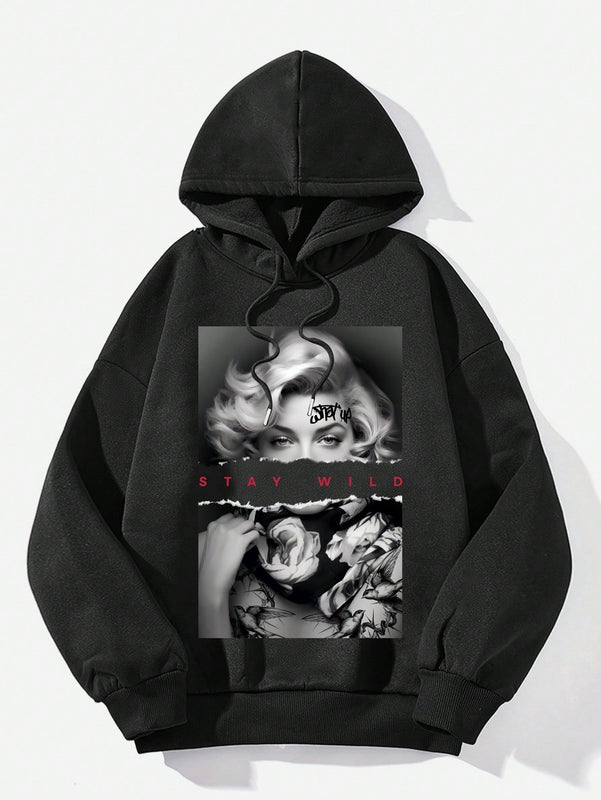Ezwear sudadera informal tipo streetwear con lema, con corte holgado, estampado negro y rosa, para mujer, otono invierno