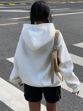Ezwear sudadera holgada con capucha de felpa gruesa con estampado minimalista casual de leopardo y estrella en blanco para mujeres
