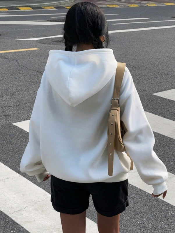 Ezwear sudadera holgada con capucha de felpa gruesa con estampado minimalista casual de leopardo y estrella en blanco para mujeres