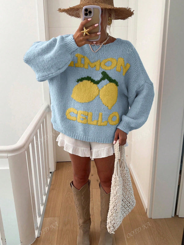 Chaqueta corta de cardigan casual de manga larga con botones y estampado de limon oversize para mujer en otono e invierno