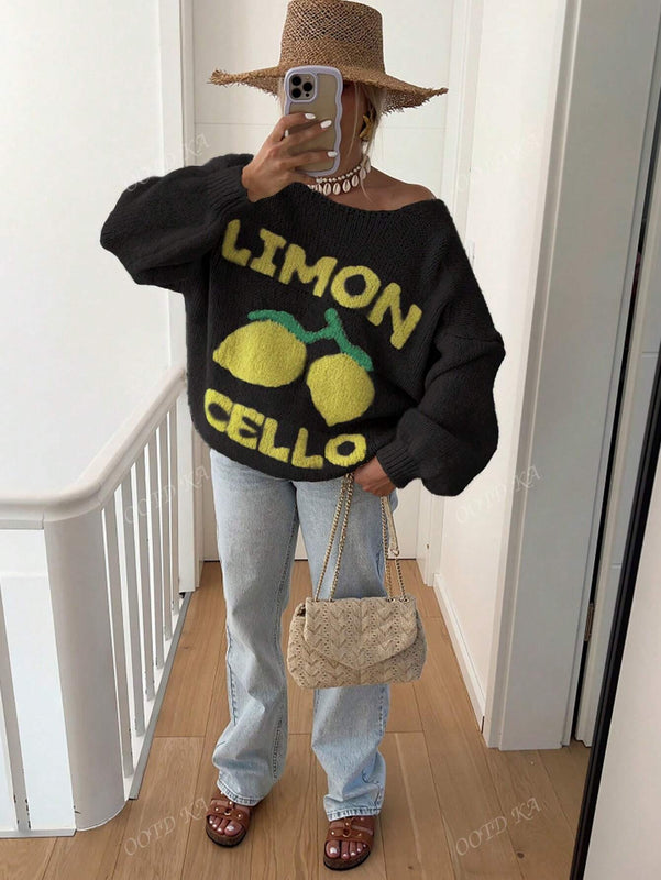 Chaqueta corta de mujer tipo cardigan de manga larga con botones, casual, con diseno de jacquard con limones, para otono e invierno