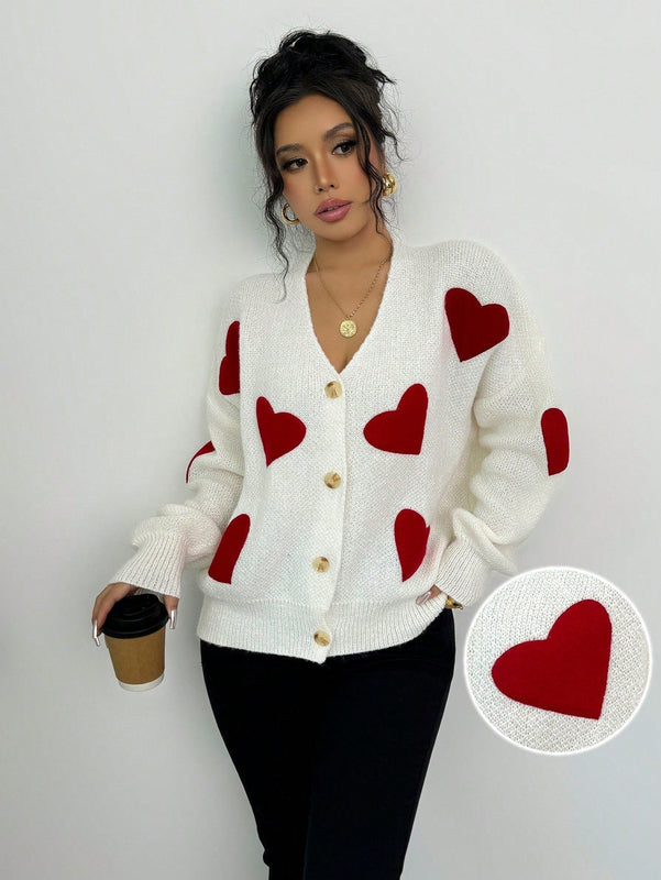 Essnce blusa minimalista de manga larga con botones delanteros y grafico de corazon, casual para uso diario