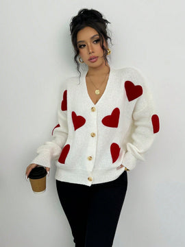 Essnce blusa minimalista de manga larga con botones delanteros y grafico de corazon, casual para uso diario