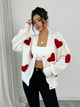 Essnce blusa minimalista de manga larga con botones delanteros y grafico de corazon, casual para uso diario