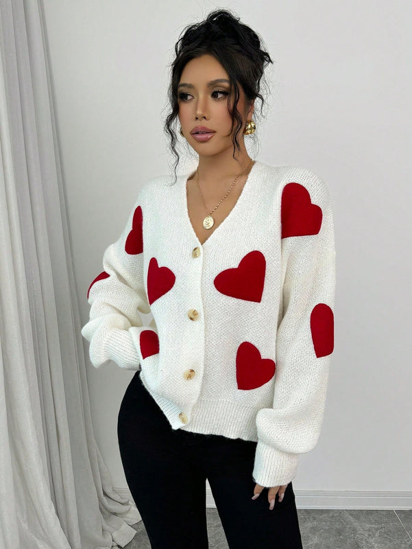 Essnce blusa minimalista de manga larga con botones delanteros y grafico de corazon, casual para uso diario