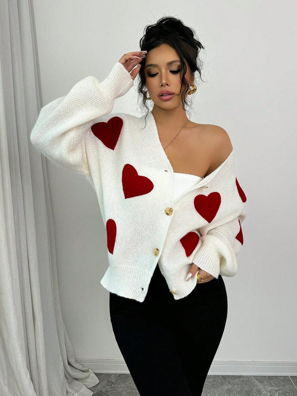 Essnce blusa minimalista de manga larga con botones delanteros y grafico de corazon, casual para uso diario