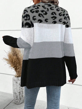 Lune cardigan informal de uso diario con parche de estampado de leopardo y botones adelante, apto para otono/invierno