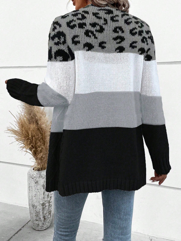 Lune cardigan informal de uso diario con parche de estampado de leopardo y botones adelante, apto para otono/invierno