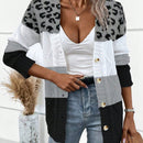 Lune cardigan casual de mujer con estampado de leopardo, parches y manga larga con un solo abotonamiento, para otono/invierno