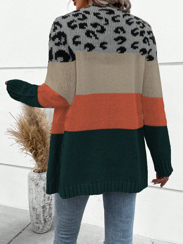 Lune cardigan informal de uso diario con parche de estampado de leopardo y botones adelante, apto para otono/invierno