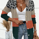 Lune cardigan casual de mujer con estampado de leopardo, parches y manga larga con un solo abotonamiento, para otono/invierno