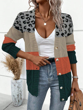 Lune cardigan informal de uso diario con parche de estampado de leopardo y botones adelante, apto para otono/invierno