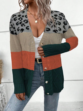 Lune cardigan informal de uso diario con parche de estampado de leopardo y botones adelante, apto para otono/invierno