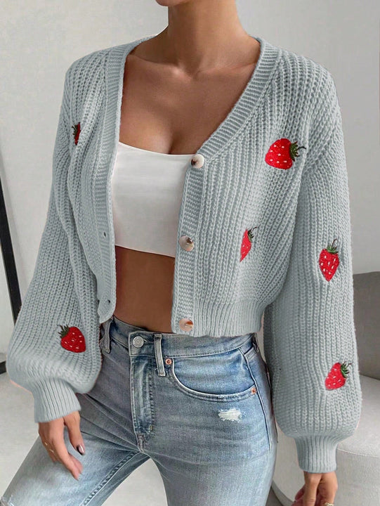 Moosta cardigan holgado de mujer con mangas farol, hombros caidos y bordado de fresa de estilo casual