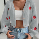 Moosta cardigan holgado de mujer con mangas farol, hombros caidos y bordado de fresa de estilo casual