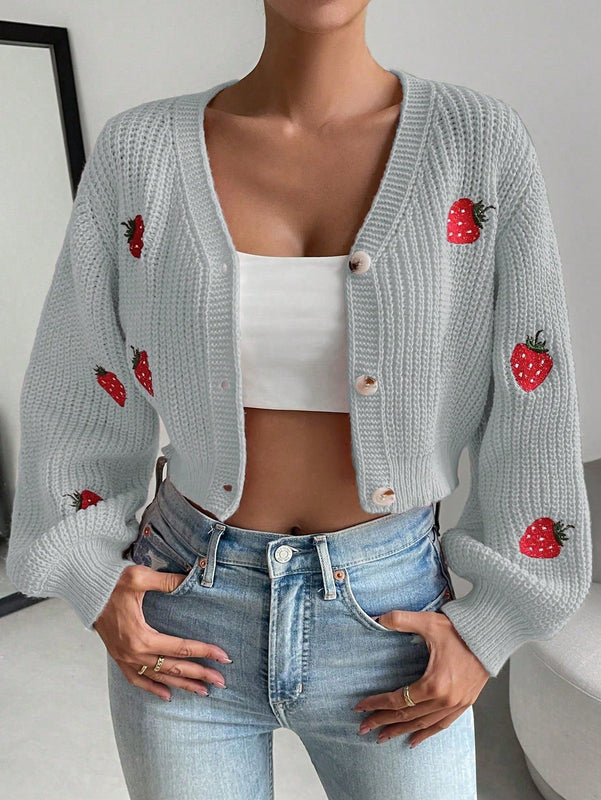 Moosta cardigan holgado de mujer con mangas farol, hombros caidos y bordado de fresa de estilo casual