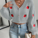 Moosta cardigan holgado de mujer con mangas farol, hombros caidos y bordado de fresa de estilo casual