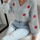 Moosta cardigan holgado de mujer con mangas farol, hombros caidos y bordado de fresa de estilo casual