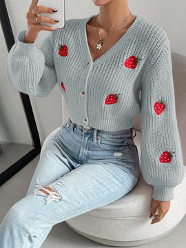 Moosta cardigan holgado de mujer con mangas farol, hombros caidos y bordado de fresa de estilo casual