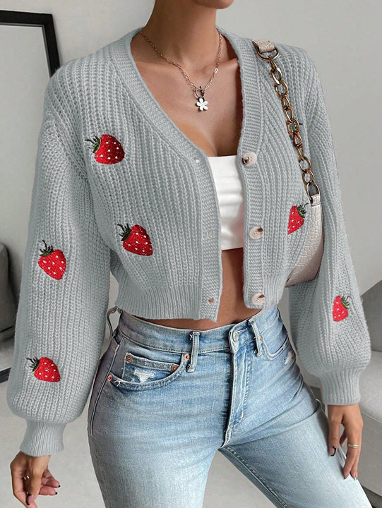 Moosta cardigan holgado de mujer con mangas farol, hombros caidos y bordado de fresa de estilo casual