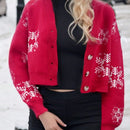 Cardigan corto de mujer con patron de copos de nieve rojos para navidad, sueter vintage de manga larga con botones delanteros, hombros caidos, informal para otono e invierno
