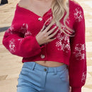 Cardigan corto de mujer con patron de copos de nieve rojos para navidad, sueter vintage de manga larga con botones delanteros, hombros caidos, informal para otono e invierno