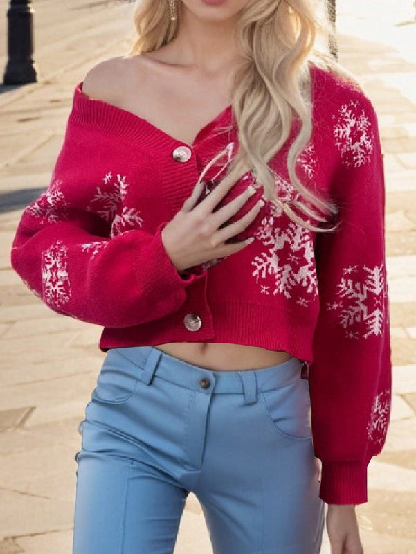 Cardigan corto de mujer con patron de copos de nieve rojos para navidad, sueter vintage de manga larga con botones delanteros, hombros caidos, informal para otono e invierno
