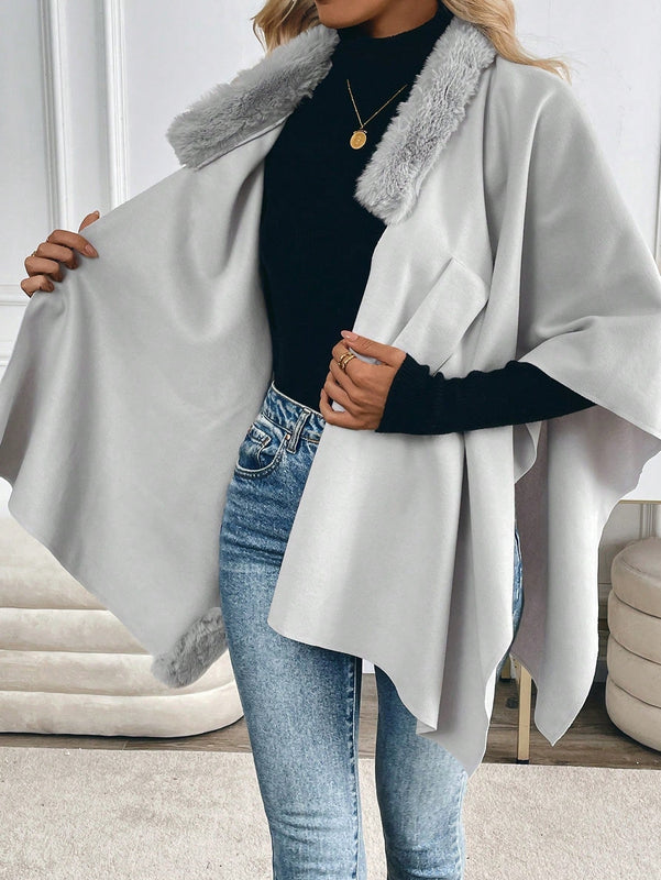 Prive abrigo tipo poncho suelto de mezcla de lana con cuello de piel
