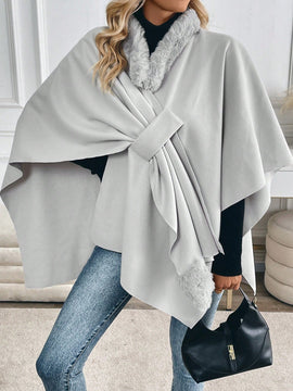 Prive abrigo tipo poncho suelto de mezcla de lana con cuello de piel
