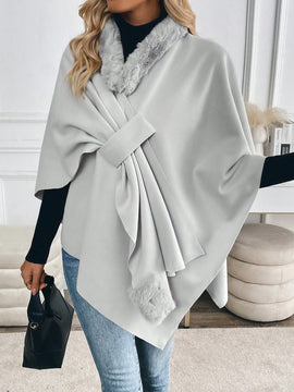 Prive abrigo tipo poncho suelto de mezcla de lana con cuello de piel