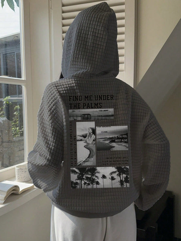 Ezwear sudadera con capucha informal con estampado de paisaje y letras oversize para otono e invierno