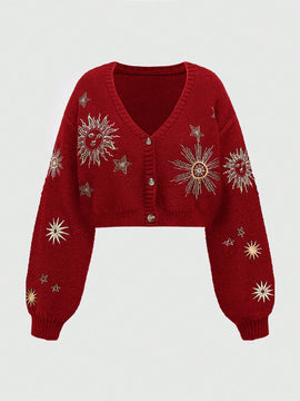 Romwe fairycore sueter tipo cardigan de mujer con bordado de sol y luna en estilo misterioso de bruja para navidad
