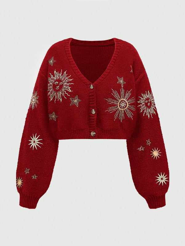 Romwe fairycore sueter tipo cardigan de mujer con bordado de sol y luna en estilo misterioso de bruja para navidad