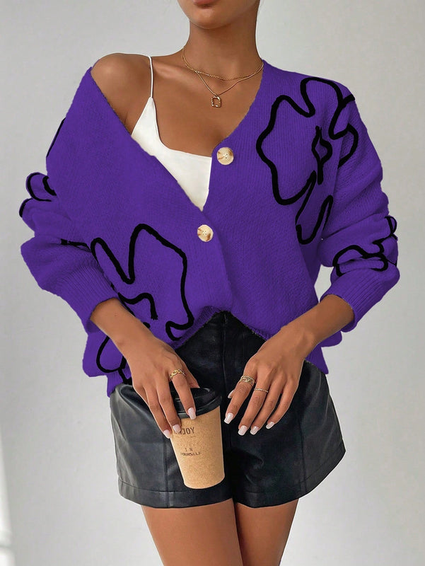 Frenchy cardigan casual de mujer con bloqueo de color y estampado floral, para otono/invierno