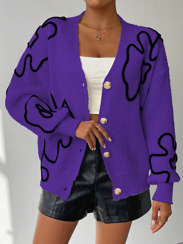 Frenchy cardigan casual de mujer con bloqueo de color y estampado floral, para otono/invierno