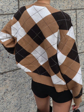 Dazy cardigan con bloques de color y argyle para mujer, informal para otono/invierno
