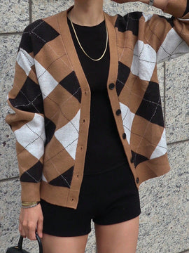 Dazy cardigan con bloques de color y argyle para mujer, informal para otono/invierno