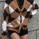 Dazy cardigan con bloques de color y argyle para mujer, informal para otono/invierno