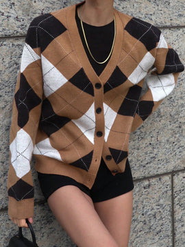 Dazy cardigan con bloques de color y argyle para mujer, informal para otono/invierno
